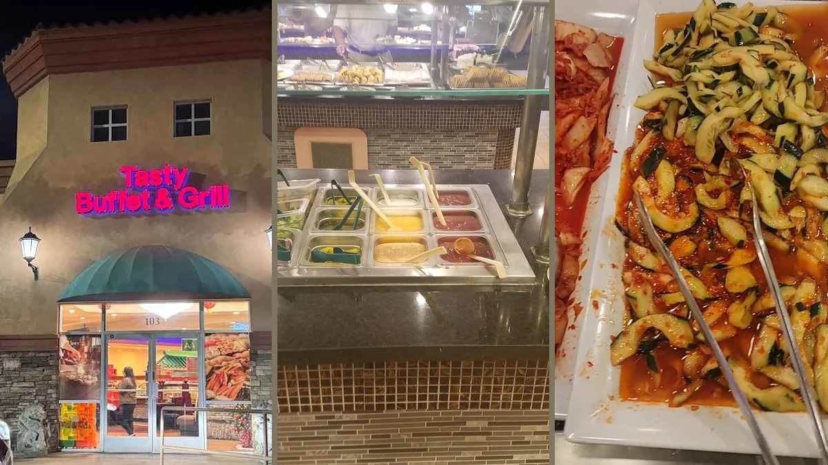Buffet trays with Chinese dishes and sushi.