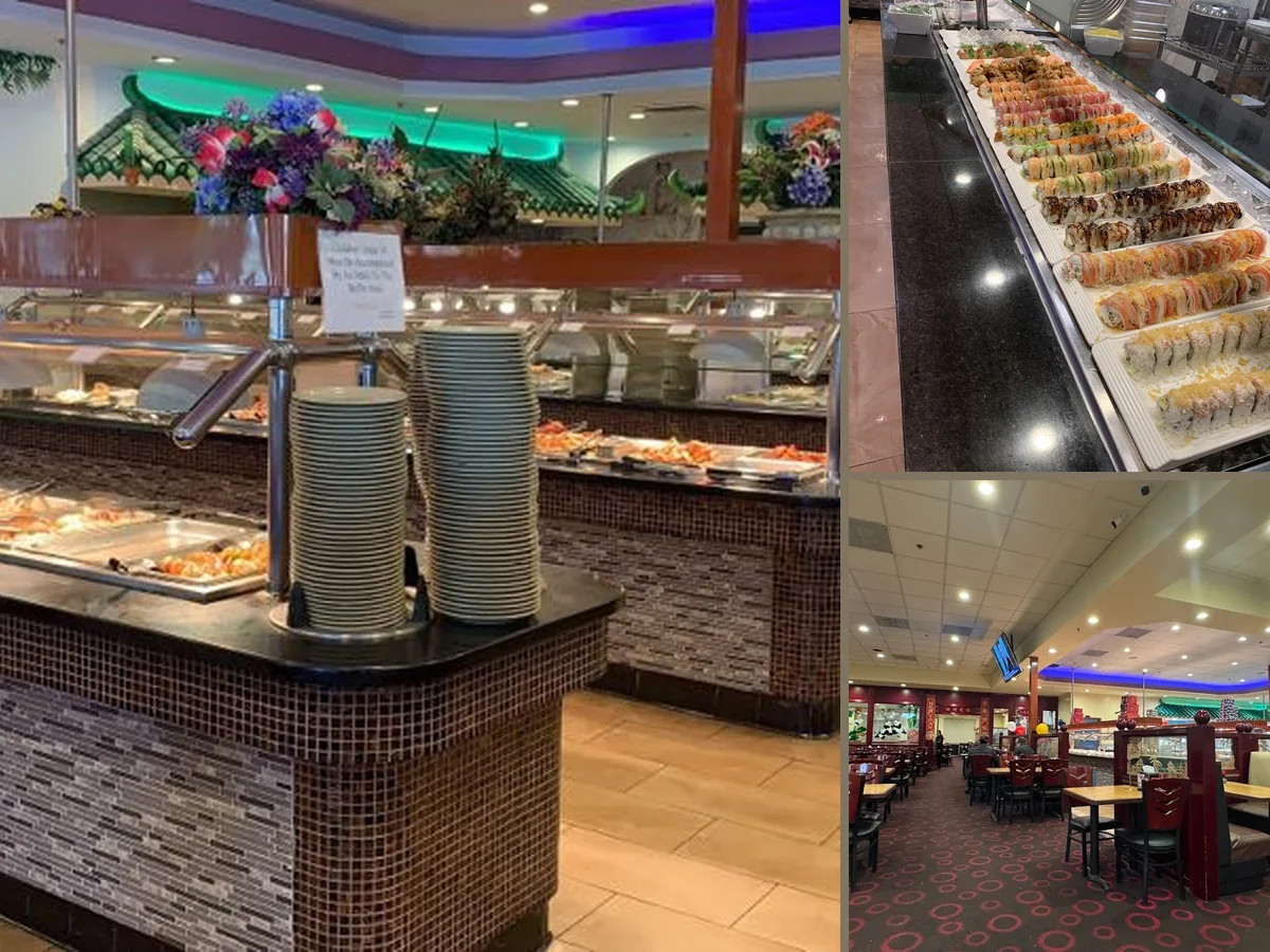 Dining room tables beside a salad bar.