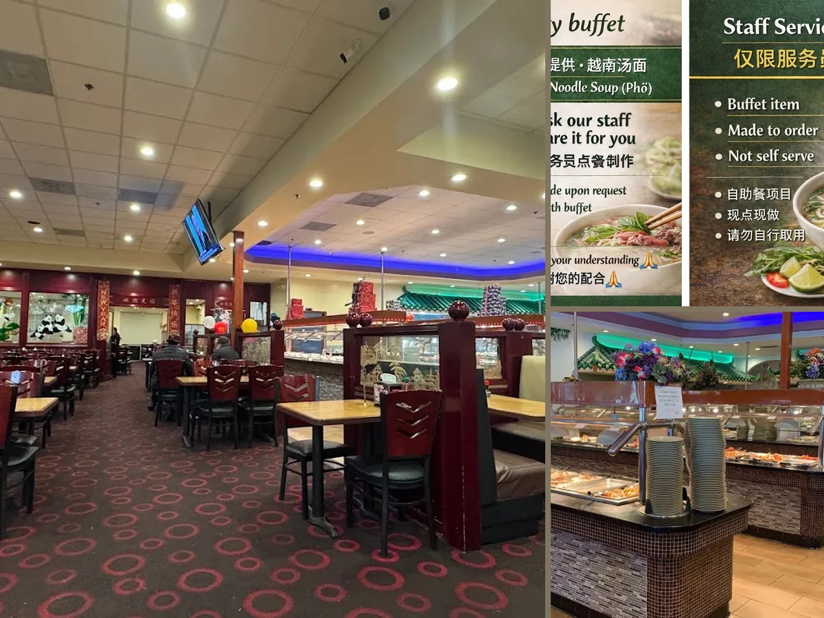 Dining room tables beside a salad bar.