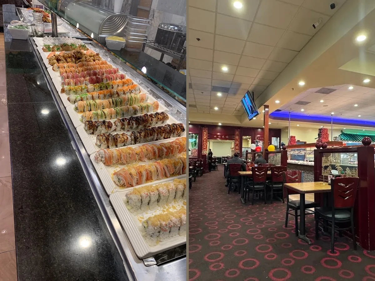 Dining room tables beside a salad bar.
