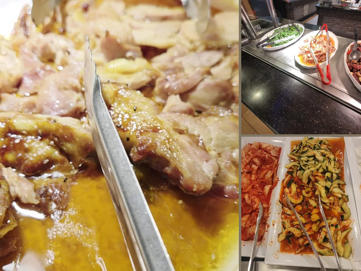 Buffet trays with Chinese dishes and sushi.